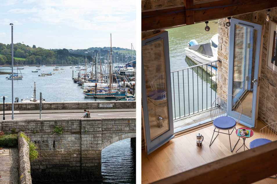 Two split images, one fo the view from Warehouse Loft and the other of the water from the window and Juliette balcony