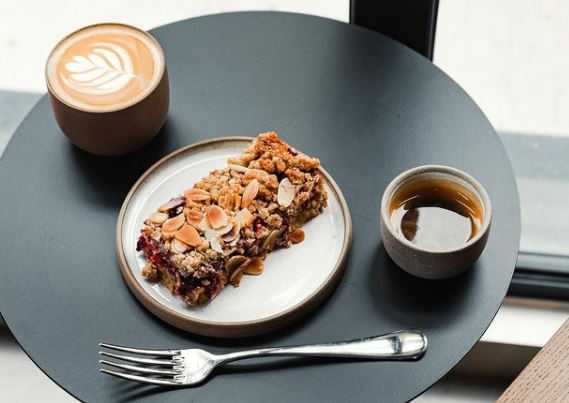 Origin almond and jam flapjack and rich coffee