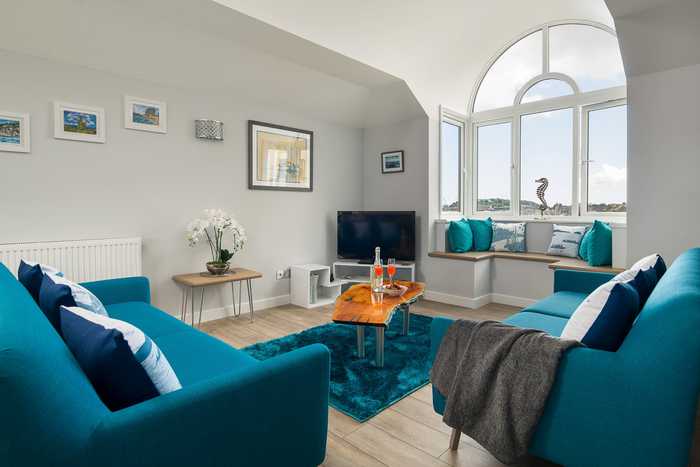 Bright open living room of Riviera, Falmouth