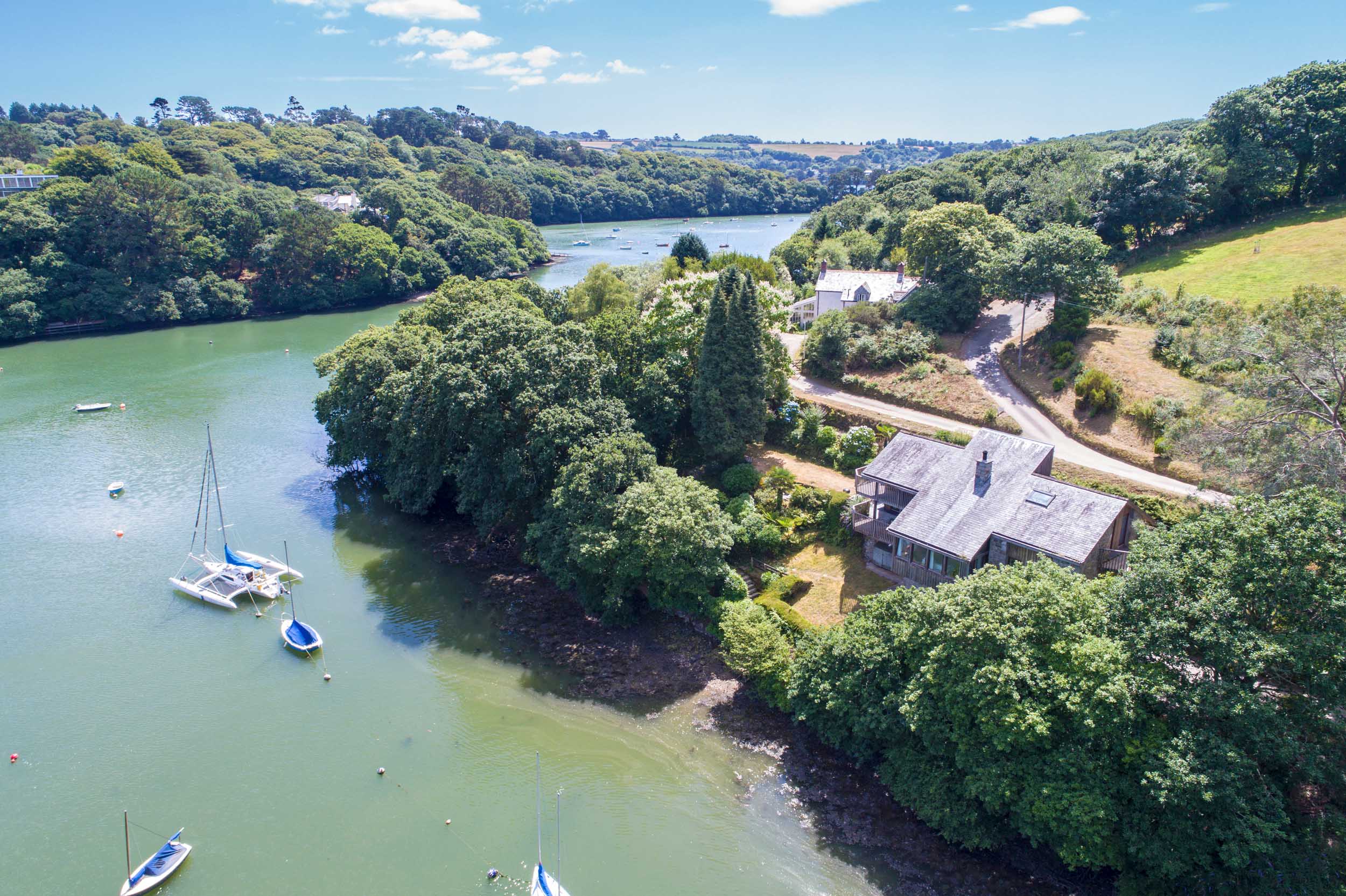 Aerial view of waterside holiday home in Port Navas