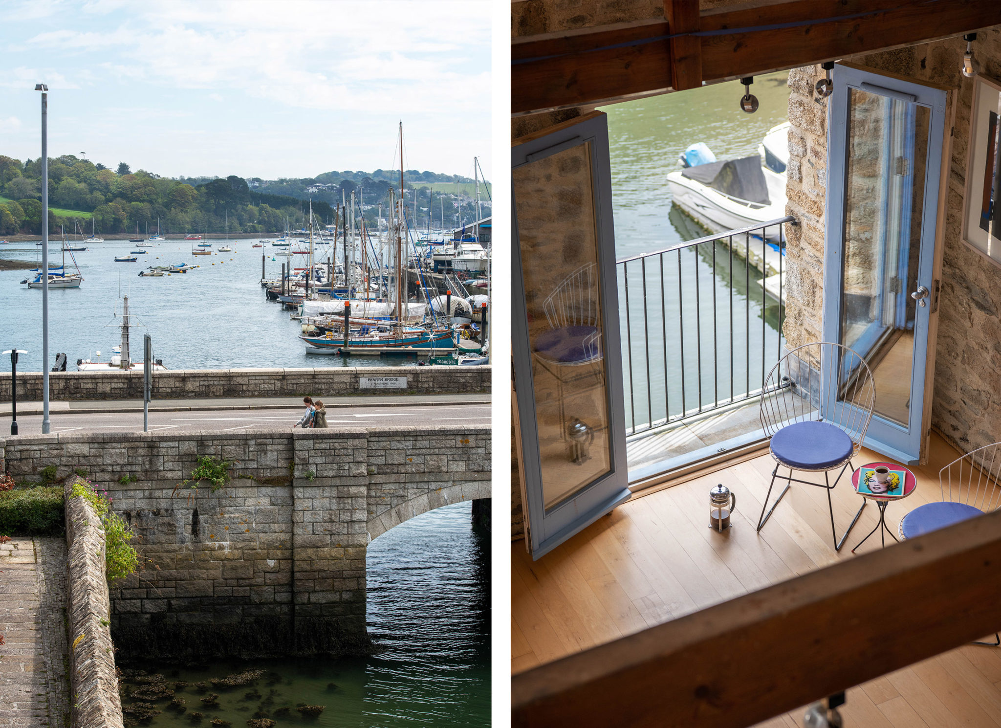 Two split images, one fo the view from Warehouse Loft and the other of the water from the window and Juliette balcony